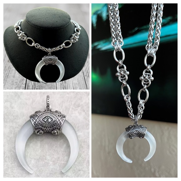 Sterling silver moon & handcrafted stainless steel links wheat chain necklace - Picture 2 of 15